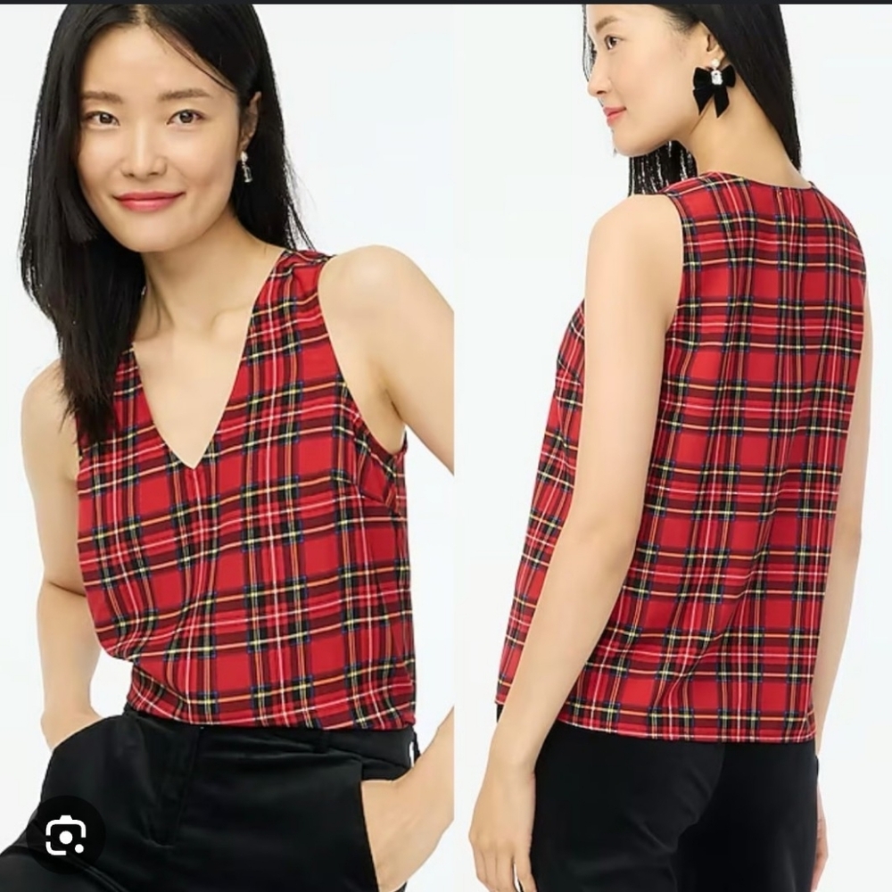 NWT ~J. Crew Red Tartan Plaid V-Neck Sleeveless Blouse Polyester Size M